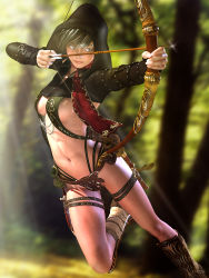 Rule 34 | 1girl, 3d, action, archery, arrow (projectile), belt, black hair, bow (weapon), breasts, cloak, dagger, drawing bow, highres, holding, holding bow (weapon), holding weapon, hood, iryda, knife, lips, long sleeves, navel, original, sheath, sheathed, solo, thigh strap, weapon