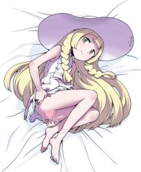 Rule 34 | 1girl, ass, bare legs, bare shoulders, barefoot, bed sheet, blonde hair, blunt bangs, blush, bottomless, braid, breasts, censored, creatures (company), dress, feet, fingernails, game freak, green eyes, half-closed eyes, hat, heart, heart censor, heriyama, legs, lillie (pokemon), long hair, looking at viewer, lying, nail, nintendo, no panties, on side, pokemon, pokemon sm, presenting, pussy, pussy juice, sleeveless, small breasts, smile, solo, spread ass, sun hat, toenails, twin braids, very long hair