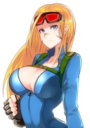 Rule 34 | 1girl, alternate costume, alternate hairstyle, blue eyes, blue leotard, bodysuit, breasts, cammy white, cleavage, curvy, eye (mememem), female focus, goggles, goggles on head, highres, large breasts, leotard, looking at viewer, simple background, solo, street fighter, street fighter v, white background