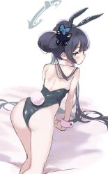 Rule 34 | 1girl, all fours, animal ears, arm support, ass, back, black hair, blue archive, blue eyes, blush, detached collar, double bun, hair bun, highres, kisaki (blue archive), leotard, long hair, looking back, mitsutsuka, playboy bunny, rabbit ears, rabbit tail, simple background, tail, white background, wrist cuffs