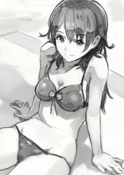 Rule 34 | 1girl, absurdres, bikini, breasts, cleavage, closed mouth, day, greyscale, highres, long hair, looking at viewer, medium breasts, monochrome, okuto, original, outdoors, sitting, smile, solo, swimsuit