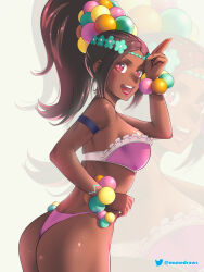 Rule 34 | 1girl, :d, alternate costume, arm strap, ass, bandeau, bare arms, bare shoulders, bikini, breasts, brown hair, commentary, cowboy shot, dark-skinned female, dark skin, etchimune, fire emblem, fire emblem engage, lipstick, looking at viewer, makeup, medium breasts, medium hair, nintendo, open mouth, pink bikini, pink eyes, pink lips, ponytail, smile, solo, standing, swimsuit, timerra (fire emblem), zoom layer