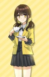 Rule 34 | 1girl, black skirt, brown hair, closed mouth, cup, highres, holding, holding cup, holding saucer, jacket, long sleeves, looking at viewer, low twintails, open clothes, original, saucer, scrunchie, skirt, solo, somechime (sometime1209), standing, teacup, twintails, yellow eyes, yellow jacket, yellow scrunchie