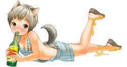 Rule 34 | 1girl, animal ears, bottle, breasts, cleavage, dog ears, dog tail, flat chest, full body, inuburo, naked overalls, nipple slip, nipples, original, overalls, simple background, solo, tail, white background