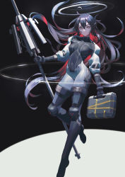 Rule 34 | 1girl, black hair, bodysuit, briefcase, bright pupils, colored inner hair, covered navel, full body, guihuo inferno, halo, highres, holding, holding briefcase, holding polearm, holding weapon, long hair, looking at viewer, multicolored hair, original, polearm, red eyes, red hair, science fiction, skin tight, solo, spacesuit, spear, tape, two-tone hair, very long hair, weapon, white pupils