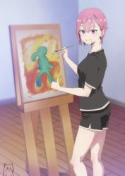 Rule 34 | 1girl, absurdres, artist logo, black shirt, black shorts, canvas (object), dolphin shorts, easel, female focus, from side, hair behind ear, highres, holding, holding paintbrush, indoors, keihh, looking at viewer, meme, mole, mole under mouth, original, paint, paintbrush, painting (object), pink hair, shirt, short hair, short shorts, shorts, solo, spongebob squarepants (series), squidward tentacles, standing, thumbs up, wooden floor