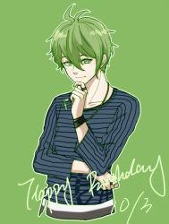 Rule 34 | 1boy, amami rantaro, antenna hair, closed mouth, collarbone, commentary request, cropped torso, danganronpa (series), danganronpa v3: killing harmony, dated, ear piercing, green background, green eyes, green hair, hair between eyes, hand on own chin, happy birthday, jewelry, long sleeves, looking at viewer, male focus, meipoi, messy hair, necklace, piercing, ring, shirt, short hair, simple background, smile, solo, striped clothes, striped shirt, thinking, thumb ring, upper body