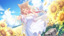 Rule 34 | 1girl, :d, ahoge, animal ear fluff, animal ears, blonde hair, blue sky, blush, bracelet, closed eyes, cloud, colored inner hair, day, dog ears, dog girl, dress, dutch angle, earrings, falling petals, field, floating hair, flower, flower earrings, flower field, hair ornament, highres, inumaki himari, jewelry, long hair, looking at viewer, multicolored hair, necklace, off shoulder, open mouth, outstretched arms, petals, pink hair, second-party source, see-through, see-through shirt, sky, smile, solo, suitcase, sundress, sunflower, sunflower field, two-tone hair, virtual youtuber, wactor production, white dress, wind, windmill, x hair ornament, yellow flower, yoshino saku