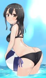 Rule 34 | 1girl, ass, ball, beachball, bikini, black bikini, black hair, blue sky, brown eyes, cloud, commentary request, cowboy shot, day, split mouth, from behind, hair ornament, hairclip, highres, kantai collection, looking at viewer, oyashio (kancolle), side-tie bikini bottom, sky, soaking feet, solo, standing, swimsuit, wading, wasumi kei, water