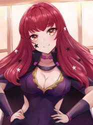 Rule 34 | 1girl, black bodysuit, black cape, bodysuit, breasts, cape, choker, cleavage, clothing cutout, commentary, covered navel, english commentary, fire emblem, fire emblem engage, grin, hair ornament, hands on own hips, highres, large breasts, leonmandala, long hair, looking at viewer, nintendo, orange eyes, pink choker, red hair, smile, solo, star (symbol), star hair ornament, yunaka (fire emblem)