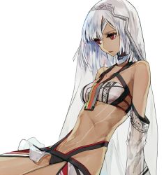 Rule 34 | 1girl, altera (fate), arm support, belt bra, black panties, bright pupils, closed mouth, commentary, dark skin, dark-skinned female, fate/extella, fate/extra, fate (series), from side, leaning back, mo (mocopo), navel, panties, red eyes, short hair, simple background, sitting, slit pupils, solo, underwear, veil, white background, white hair