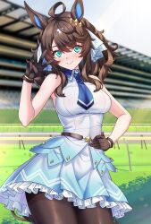 Rule 34 | 1girl, ahoge, belt, blue eyes, blurry, blurry background, blush, breasts, commentary, commentary request, daring tact (umamusume), gloves, hair between eyes, hair ornament, highres, looking at viewer, medium breasts, medium hair, pantyhose, racetrack, shirokuma a, sky, sleeveless, smile, solo, thighs, umamusume