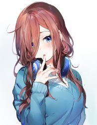 Rule 34 | 1girl, :o, blouse, blue eyes, blue sweater, blush, breasts, collared shirt, commentary request, finger to mouth, go-toubun no hanayome, hair over one eye, head tilt, headphones, headphones around neck, highres, large breasts, long sleeves, looking at viewer, nakano miku, parted lips, red hair, shirt, simple background, solo, sweater, umibouzu (niito), upper body, v-neck, white background, white shirt