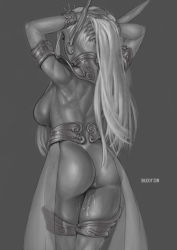 Rule 34 | 1girl, aftersex, anonarts, armlet, arms behind head, ass, backboob, bare back, bracelet, breasts, bunching hair, corruption of champions 2, cum, cumdrip, dress, earrings, elf, elthara, grey background, greyscale, hands up, highres, hoop earrings, jewelry, large breasts, long hair, long pointy ears, monochrome, muscular, muscular female, no panties, pointy ears, simple background, solo, standing, very long hair