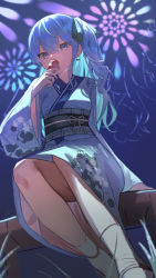 Rule 34 | 1girl, absurdres, alternate costume, blue eyes, blue hair, blue kimono, blue nails, candy apple, covered mouth, earrings, fireworks, food, hair ribbon, hand up, highres, holding, holding food, hololive, hoshimachi suisei, japanese clothes, jewelry, kimono, kouhiipan, legs, long hair, nail polish, night, night sky, obi, one side up, ribbon, sash, sitting, sky, socks, solo, virtual youtuber, wavy hair, white socks, wide sleeves