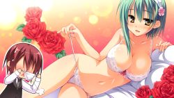Rule 34 | 1boy, 1girl, bare shoulders, blush, bra, breasts, cleavage, collarbone, come hither, flower, game cg, green hair, hair flower, hair ornament, kobuichi, lace, lace-trimmed bra, lace-trimmed panties, lace trim, large breasts, lingerie, lying, muririn, navel, no eyes, noble works, on side, open mouth, panties, pillow, red flower, red rose, ribbon-trimmed bra, ribbon-trimmed underwear, ribbon trim, rose, seductive smile, short hair, side-tie panties, smile, solo focus, tsukiyama sena, underwear, underwear only, untied, untying, yellow eyes