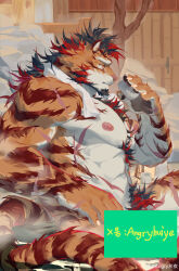 Rule 34 | 1boy, absurdres, angryhuiye, animal ears, bara, bare tree, beard, black hair, censored, censored by text, chest tuft, completely nude, cowboy shot, cup, facial hair, fluffy, from side, full beard, furry, furry male, goatee, hairy, highres, holding, holding cup, large pectorals, male focus, male pubic hair, mature male, multicolored hair, muscular, muscular male, mutton chops, nipples, nude, onsen, orange fur, original, partially submerged, pectorals, profile, pubic hair, red hair, scar, scar on arm, scar on chest, solo, steam, streaked hair, strongman waist, tail, thick eyebrows, tiger boy, tiger ears, tiger tail, tree, tsurime, white fur