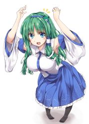 Rule 34 | 1girl, :d, absurdres, armpits, arms up, bare shoulders, black pantyhose, blouse, blue eyes, blue skirt, blush, breasts, detached sleeves, frog hair ornament, fule, green hair, hair ornament, hairband, highres, kochiya sanae, large breasts, looking at viewer, open mouth, pantyhose, pigeon-toed, shirt, skirt, smile, solo, teeth, tight clothes, touhou