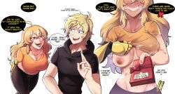 Rule 34 | 1boy, 1girl, abs, absurdres, ahoge, arms behind back, bed invitation, black pants, blonde hair, box, box of chocolates, breasts, cleavage, commentary, dark nipples, english commentary, english text, flashing, grin, groin, hentaly, highres, jaune arc, large breasts, lifted by self, long hair, mechanical arms, naughty face, nipples, no bra, one breast out, orange shirt, pants, pov, profanity, purple eyes, rwby, shirt, single mechanical arm, smile, solo focus, sticky note, t-shirt, valentine, yang xiao long, yoga pants