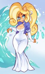 Rule 34 | 1girl, absurdres, artist name, blonde hair, blue jacket, breasts, cleavage, coco bandicoot, crash bandicoot (series), dress, full body, furry, furry female, green eyes, highres, jacket, jamoart, large breasts, long dress, long hair, long sleeves, looking at viewer, open clothes, open jacket, signature, solo, watermark, white dress