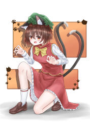 Rule 34 | 1girl, absurdres, animal ear fluff, animal ear piercing, animal ears, brown eyes, brown hair, cat ears, cat tail, chen, claw pose, commentary request, full body, green hat, hair between eyes, hat, highres, looking at viewer, mob cap, multiple tails, nekomata, on one knee, open mouth, short hair, solo, tail, touhou, tsubakipan, two tails