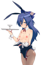 Rule 34 | 1girl, alternate costume, animal ears, bare shoulders, blue bow, blue eyes, blue hair, bow, breasts, brown pantyhose, cocktail glass, cup, detached collar, drinking glass, fake animal ears, flat chest, hair bow, hand up, highres, holding, jeno, leotard, long hair, looking at viewer, maebari, nipples, oversized clothes, pantyhose, playboy bunny, rabbit ears, rabbit tail, simple background, small breasts, solo, tail, touhou, tray, white background, yorigami shion