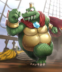 Rule 34 | 1boy, banana, blurry, blurry background, bracelet, bracer, cape, claws, clenched hands, cloud, commentary request, crocodilian, crown, day, donkey kong (series), donkey kong country, food, fruit, full body, gem, gonzarez, hand up, highres, jewelry, king k. rool, looking at viewer, male focus, mountain, navel, net, nintendo, no humans, outdoors, red cape, red eyes, reptilian, rope, sharp teeth, ship, ship deck, sky, smile, solo, standing, teeth, walking, watercraft