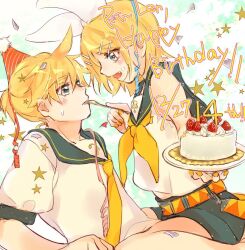 Rule 34 | 1boy, 1girl, ahoge, anniversary, bare shoulders, bass clef, belt, birthday cake, blonde hair, blue eyes, blush, bow, cake, commentary request, confetti, crop top, feeding, food, fork, fruit, hair bow, hair ornament, hairclip, happy birthday, holding, holding cake, holding food, holding fork, holding plate, kagamine len, kagamine rin, looking at another, lying, midriff peek, mimi mine, neckerchief, necktie, on back, plate, sailor collar, shirt, short ponytail, short sleeves, shorts, sitting, sitting on lap, sitting on person, sleeveless, sleeveless shirt, strawberry, strawberry shortcake, streamers, treble clef, vocaloid, white bow, yellow nails, yellow neckerchief, yellow necktie
