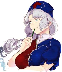 Rule 34 | 1girl, absurdres, braid, constellation, cross, green eyes, hat, hi you (flying bear), highres, holding, holding pencil, long hair, looking away, nurse cap, pencil, red cross, simple background, single braid, solo, touhou, white background, white hair, yagokoro eirin