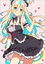 Rule 34 | 1girl, ahoge, alternate costume, animal ears, blush, breasts, cleavage, commentary request, dress, frilled dress, frills, gothic lolita, heart, highres, horse ears, horse tail, lolita fashion, looking at viewer, multicolored hair, neo universe (umamusume), simple background, small breasts, smile, solo, tail, two-tone hair, umamusume, wahiko (black bastard), white background