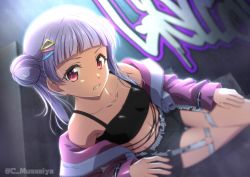 Rule 34 | 1girl, arashi chisato, black camisole, black shorts, blunt bangs, breasts, camisole, crop top, double bun, hair bun, hair ornament, hairclip, highres, jacket, jacket partially removed, long sleeves, looking at viewer, love live!, love live! superstar!!, musashiya chougenbou, navel, open clothes, open jacket, purple jacket, red eyes, short hair, short shorts, shorts, small breasts, solo, twitter username, white hair