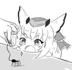 Rule 34 | 1girl, :o, animal, arknights, blush, bug, chibi, greyscale, hat, kurotofu, long hair, mini person, minigirl, monochrome, open mouth, out of frame, owl ears, ptilopsis (arknights), short eyebrows, simple background, solo focus, sparkle, spider, thick eyebrows, white background