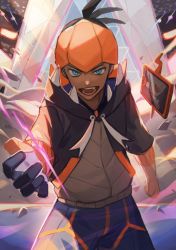 Rule 34 | 1boy, black hair, black hoodie, blue eyes, clenched hand, commentary request, creatures (company), dark-skinned male, dark skin, duraludon, game freak, gen 4 pokemon, gen 8 pokemon, gigantamax, gigantamax duraludon, gloves, gym leader, highres, hood, hoodie, looking at viewer, nintendo, open mouth, orange headwear, outstretched hand, partially fingerless gloves, pokemon, pokemon (creature), pokemon swsh, raihan (pokemon), rotom, rotom phone, single glove, teeth, tongue, tsugutoku