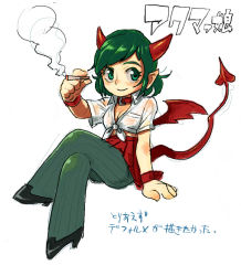 Rule 34 | 1girl, arm support, armband, black footwear, blush, breasts, cigarette, collar, female focus, green eyes, green hair, horns, matching hair/eyes, pepsiso, shoes, short hair, simple background, sitting, skirt, smile, smoking, solo, tail, text focus, translation request, white background, wings