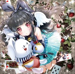 Rule 34 | 1girl, :o, black hair, bow, card, cup, hair bow, holding, holding stuffed toy, long hair, looking at viewer, open mouth, original, playing card, red bow, red eyes, solo, stuffed animal, stuffed rabbit, stuffed toy, tea kettle, teacup, wings, yanyo (ogino atsuki)