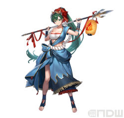 Rule 34 | 1girl, absurdres, bandages, bandeau, blue shirt, blue skirt, breasts, chest sarashi, cleavage, cuboon, fire emblem, fire emblem: the blazing blade, fire emblem heroes, full body, green eyes, green hair, hands up, highres, holding, holding polearm, holding weapon, lantern, large breasts, long hair, looking at viewer, lyn (fire emblem), mask, mask on head, midriff, navel, nintendo, official alternate costume, official art, paper lantern, polearm, ponytail, rope belt, sarashi, shirt, short sleeves, side slit, simple background, single-shoulder shirt, single bare shoulder, single sleeve, skirt, skirt set, smile, solo, spear, standing, stomach, strapless, tube top, very long hair, weapon, white background