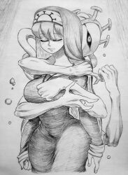 Rule 34 | 1girl, absurdres, breasts, chronozbergh, closed eyes, cowboy shot, double (skullgirls), dual persona, extra arms, facing viewer, greyscale, habit, highres, large breasts, monochrome, monster, monster girl, narrow waist, nun, self hug, skullgirls, solo, traditional media, wide hips