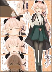 Rule 34 | 1girl, 1other, absurdres, alternate costume, black pantyhose, blush, bow, closed eyes, fox shadow puppet, green skirt, hair bow, hair ribbon, highres, kantai collection, long hair, looking at viewer, mickey mouse ears, multiple views, open mouth, pantyhose, pink hair, pleated skirt, ponytail, ribbon, shanghmely, skirt, sweater, translation request, very long hair, white sweater, yura (kancolle)