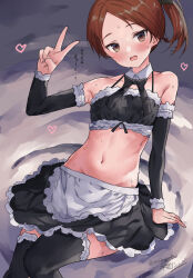 Rule 34 | 1girl, alternate costume, apron, black skirt, black thighhighs, blush, brown eyes, brown hair, crop top, detached sleeves, frilled skirt, frills, heart, highres, kantai collection, looking at viewer, midriff, mizuta kenji, one-hour drawing challenge, open mouth, ponytail, shikinami (kancolle), simple background, skirt, solo, sweat, thighhighs, translation request, v, waist apron, white apron