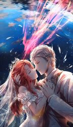 Rule 34 | 1boy, 1girl, backlighting, bridal veil, bride, charlie su, chinese commentary, commentary request, dress, emalfire0312, closed eyes, formal, grey hair, groom, hair slicked back, half-closed eyes, highres, holding hands, hug, imminent kiss, jewelry, light and night love, long hair, off-shoulder dress, off shoulder, parted lips, protagonist (light and night love), red hair, ring, short hair, signature, suit, tiara, twilight, veil, wedding band, wedding dress, white dress, white suit