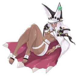 Rule 34 | 1girl, abs, absurdres, arqa, belt bra, breasts, cape, commentary, dark skin, dark-skinned female, guilty gear, guilty gear xrd, hat, highres, long hair, looking at viewer, muscular, muscular female, navel, ramlethal valentine, shorts, simple background, solo, thigh strap, underboob, white background, white hair, yellow eyes