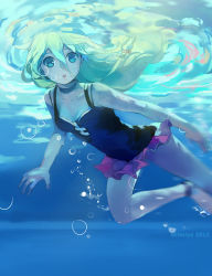 Rule 34 | 1girl, :o, anklet, barefoot, blonde hair, bubble, freediving, green eyes, ia (vocaloid), jewelry, long hair, motion blur, piano (agneschen), reflection, skirt, solo, swimming, underwater, vocaloid