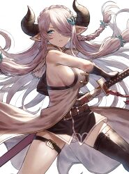 Rule 34 | 1girl, armpit crease, armpit peek, armpits, asymmetrical gloves, asymmetrical legwear, bare shoulders, belt, black gloves, black thighhighs, blue eyes, braid, breasts, commentary request, crown braid, draph, elbow gloves, fagi (kakikaki), gloves, granblue fantasy, hair ornament, hair over one eye, hairclip, highres, holding, holding sword, holding weapon, horns, incoming attack, katana, large breasts, looking to the side, narmaya (granblue fantasy), partial commentary, pink hair, pointy ears, sheath, sideboob, sidelocks, single braid, single elbow glove, single thighhigh, solo, sword, teeth, thigh strap, thighhighs, thighs, unsheathing, weapon, white background