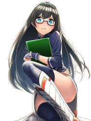 Rule 34 | &gt;:(, 1girl, ainu clothes, black-framed eyewear, black hair, black thighhighs, blue thighhighs, blush, bow, bow legwear, clipboard, commentary request, cosplay, cropped jacket, glasses, hair between eyes, headband, holding, kamoi (kancolle), kamoi (kancolle) (cosplay), kantai collection, long hair, long sleeves, looking at viewer, no panties, ooyodo (kancolle), semi-rimless eyewear, simple background, solo, thighhighs, under-rim eyewear, unowen, v-shaped eyebrows, very long hair, white background, wrist guards