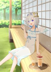 Rule 34 | 1girl, :d, absurdres, amane kanata, angel wings, architecture, backyard, bad id, bad pixiv id, bare arms, bare shoulders, blue eyes, blue hair, blush, bob cut, collarbone, colored inner hair, commentary request, cup, dress, drinking glass, east asian architecture, eyes visible through hair, feet out of frame, flat chest, food, grass, hair intakes, halo, halter dress, halterneck, highres, hololive, japanese house, looking away, mini wings, multicolored hair, open mouth, outdoors, popsicle, shade, short dress, short hair, shouji, silver hair, sitting, sleeveless, sleeveless dress, sliding doors, smile, solo, stack bond, star halo, summer, sundress, tray, tree, two-tone hair, veranda, virtual youtuber, white dress, white wings, wings, wooden floor, yamae saki