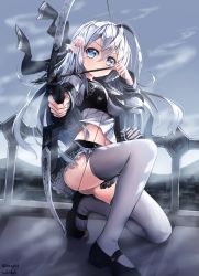 Rule 34 | 1girl, absurdres, ahoge, ass, black ribbon, black skirt, blue eyes, bow, bow (weapon), breasts, floating hair, flower, frilled skirt, frills, grey hair, hair bow, hair flower, hair ornament, hair ribbon, highres, holding, holding weapon, large breasts, long hair, looking at viewer, midriff, miniskirt, navel, on one knee, original, outdoors, pink ribbon, pleated skirt, pointy ears, ribbon, shirt, signature, skirt, solo, stomach, tandozzing, thighhighs, weapon, white shirt, zettai ryouiki