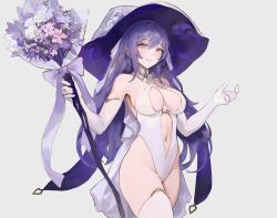 Rule 34 | 1girl, bare shoulders, blue hair, blush, bouquet, breasts, center opening, chowbie, cleavage, elbow gloves, flower, gloves, grin, hat, large breasts, leotard, long hair, looking at viewer, navel, original, smile, solo, thighhighs, thighs, white gloves, white hat, white leotard, white thighhighs, witch, witch hat