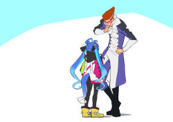 Rule 34 | 1boy, 1girl, ahoge, animal ears, arms at sides, black footwear, black pantyhose, blue hair, boots, brown hair, coat, crossover, hand on own hip, hand on own chin, heel up, height difference, highres, hood, hood down, hoodie, horse ears, horse girl, horse tail, long sleeves, looking at another, open mouth, pantyhose, scryed, standing, straight cougar, stroking own chin, sunglasses, tail, twin turbo (umamusume), twintails, umamusume, wakoudo, yellow footwear