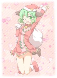 Rule 34 | 1girl, adapted costume, animal ears, arm up, bag, bell, boots, collar, dog ears, dog girl, dog tail, fang, female focus, green eyes, green hair, hat, highres, jumping, kasodani kyouko, long sleeves, matching hair/eyes, neck bell, one eye closed, open mouth, over shoulder, pastel colors, red footwear, santa boots, santa hat, shino megumi, shirt, short hair, skirt, smile, solo, star (symbol), tail, touhou, wink