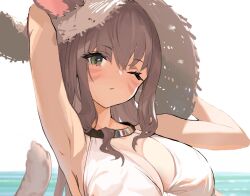 Rule 34 | 1girl, animal ears, armpits, arms behind head, arms up, bikini, breasts, brown hair, cat ears, cat tail, cleavage, close-up, cyobiro, facial mark, final fantasy, final fantasy xiv, green eyes, hat, highres, jewelry, large breasts, miqo&#039;te, necklace, ocean, one eye closed, outdoors, slit pupils, solo, sun hat, swimsuit, tail, upper body, warrior of light (ff14), whisker markings, white bikini